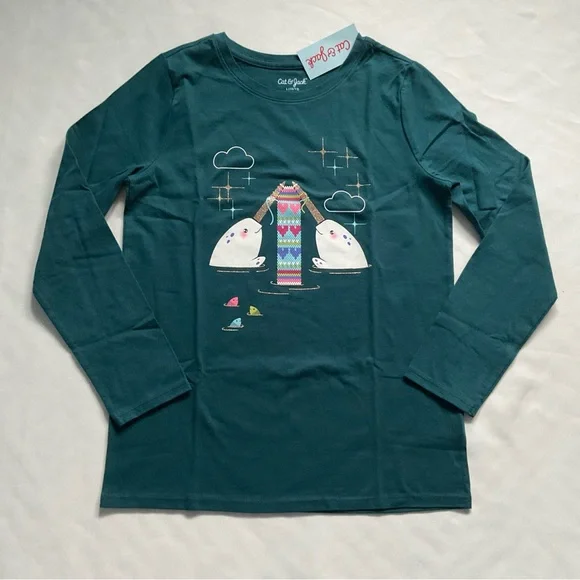 Cat &Jack Girls Narwhales Long Sleeve Graphic T-chirt Green Size L 10-12 - Picture 2 of 6